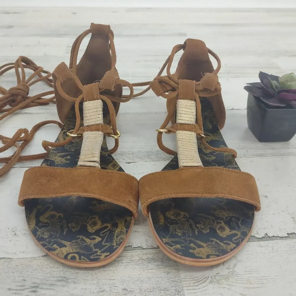 Free People NEW Brown Leather/Suede Ankle Wrap Straps Sandals Gold Size 7.5